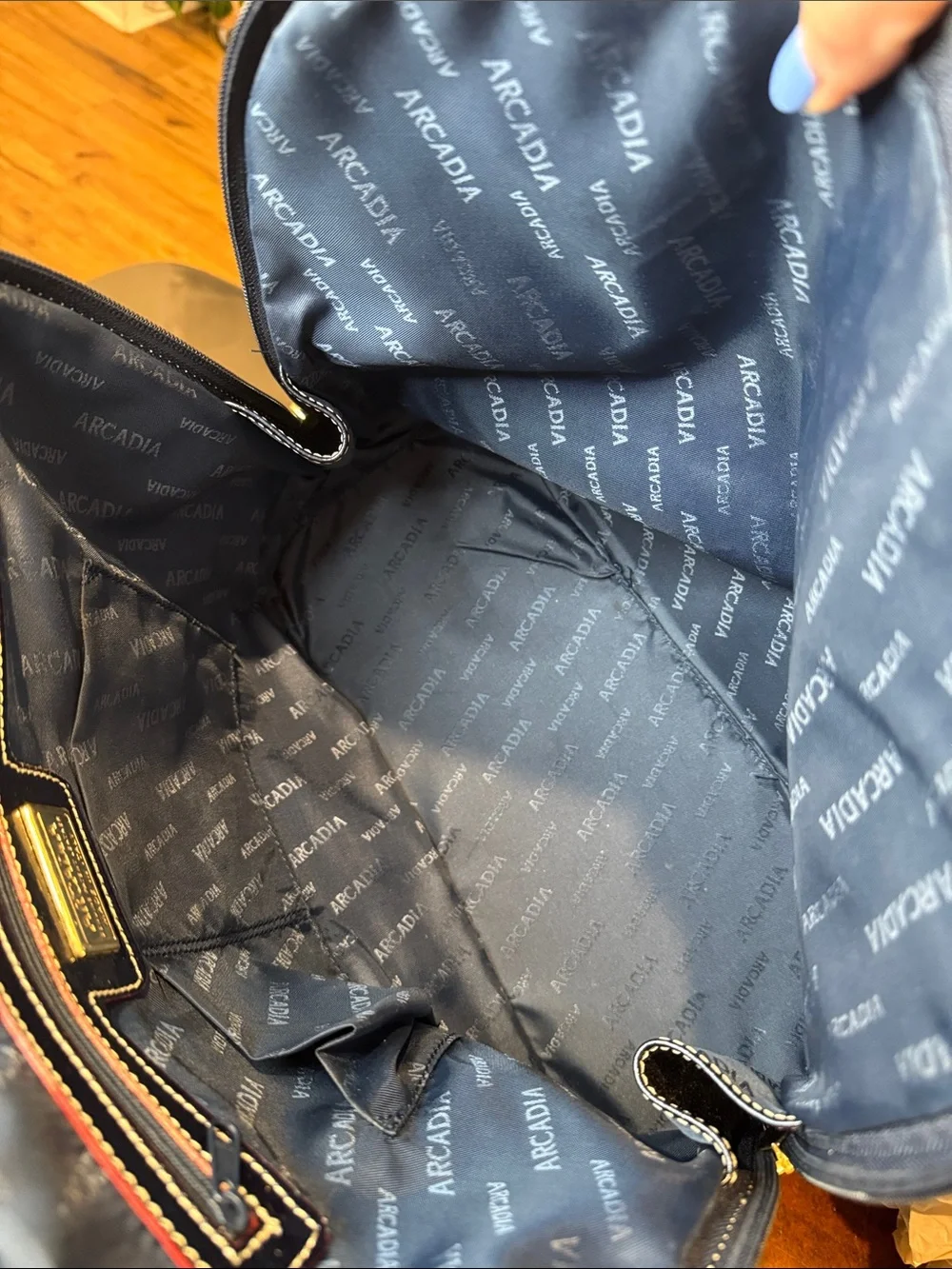 Arcadia Patent Dome Satchel in Navy with Red Trim